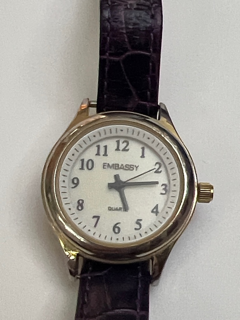 Embassy watch with purple leather band